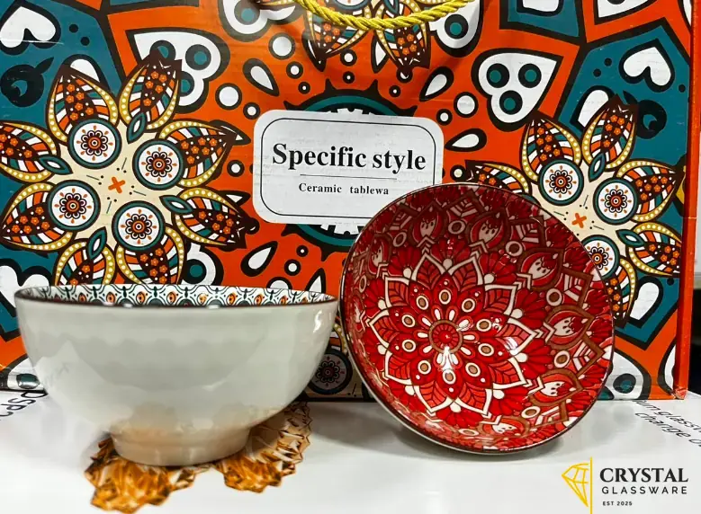 6-piece set of ceramic bowls are featured in vibrant multi-colored